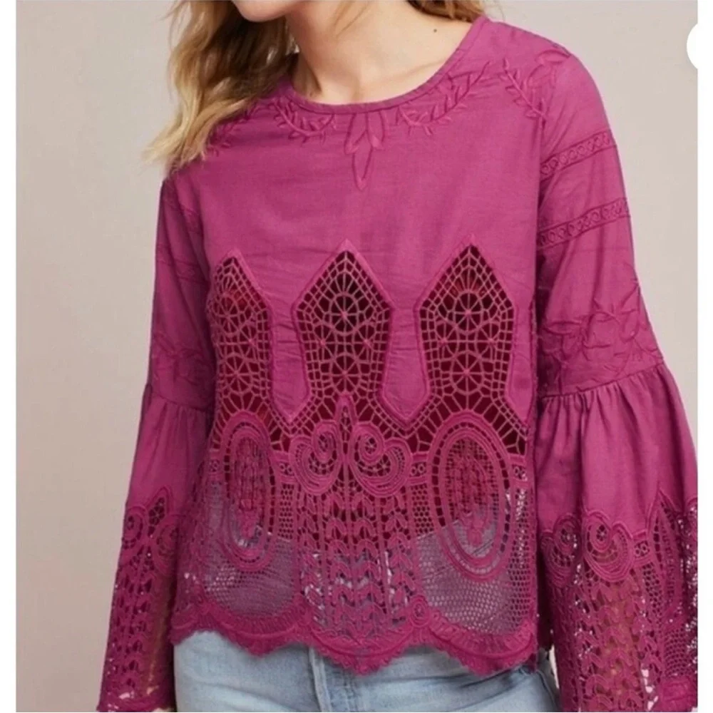 Anthropologie Chloe Oliver dark pink eyelet embroidered top size Small